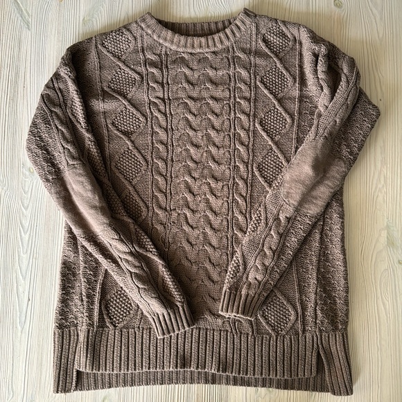 BDG Cable High/Low Crew Neck Knitted Elbow patch Pullover Brown Sweater XS - Picture 2 of 12